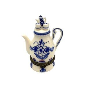 Vintage Delft Blue Hand Painted Mini Hinged Tea Pot Trinket Box Holland